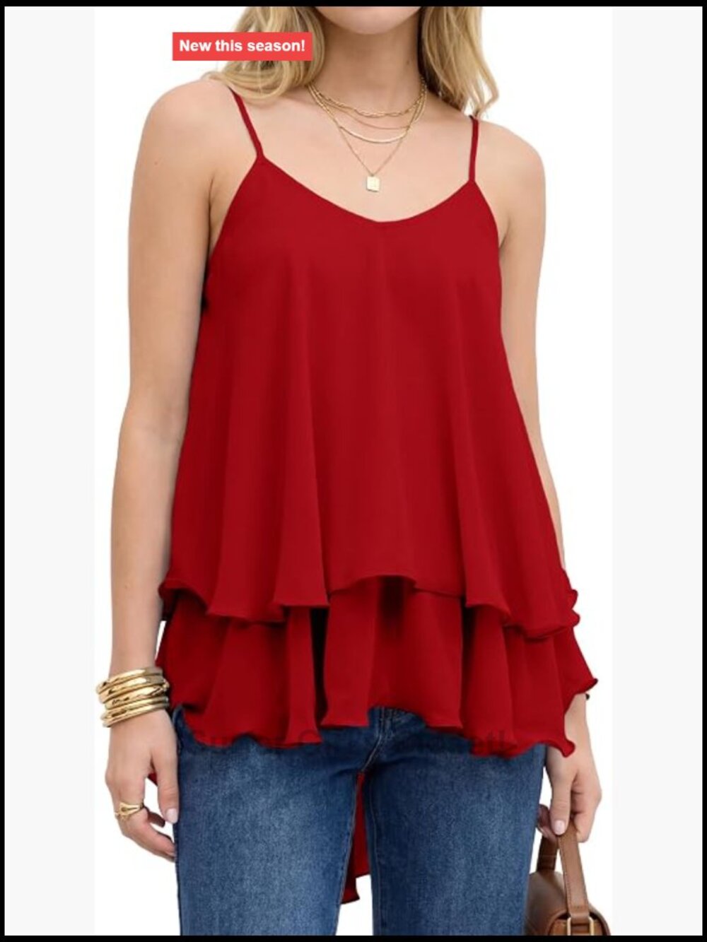 Women's Chiffon Cami with Ruffle Hem Adjustable Spaghetti Straps V-Neck